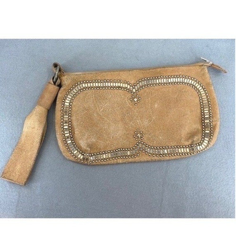Calleen Cordero Suede Studded Wristlet Clutch Tan Boho Festival Evening Bag